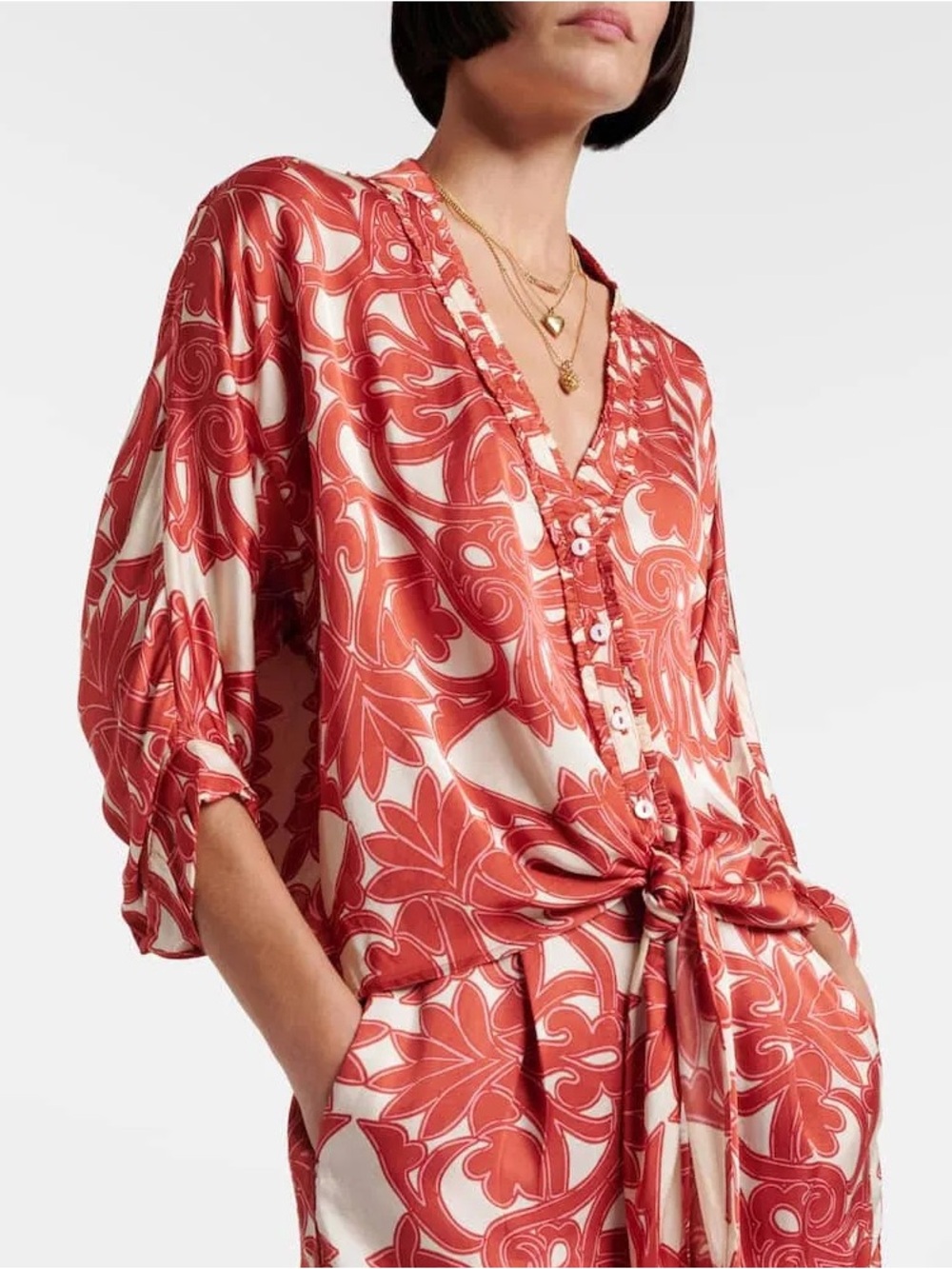 Poupette St Barth Pink and Yellow Floral V-Neck Button Blouse - Size M/L NWT - Picture 2 of 9